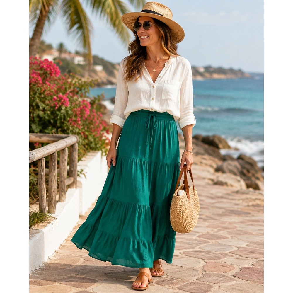 Rokoko Emerald Green Maxi Skirt Womens Large 39 Long Tiered Boho Flowy Skirt‎